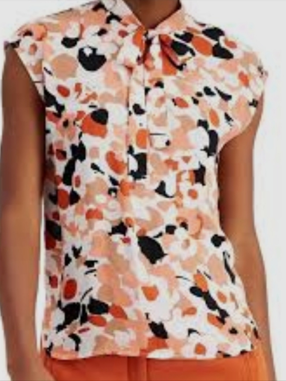 🍑 Sleeveless Floral Print Bow Neck Top - Peach/Black